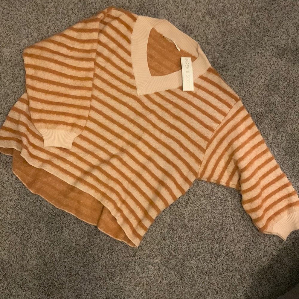 Striped fuzzy v-neck sweater with bell sleeve